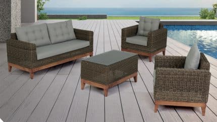 This beautiful woody Outdoor Triple Set outdoor set is crafted with the finest quality wood and upholstered in luxuriously soft fabric, making it an ideal choice for those seeking comfort and relaxation.