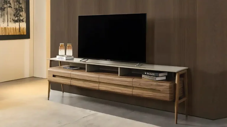 Lucca TV stand: walnut-tone console with long drawers, an open top shelf and slim tapered legs