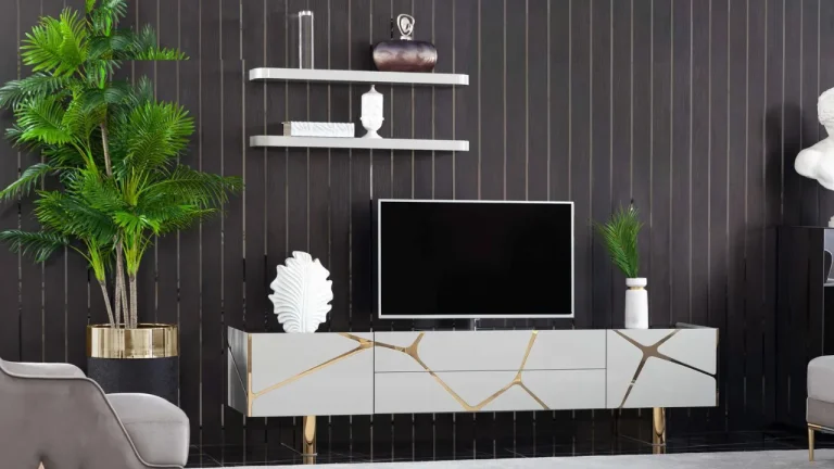 Sirius TV unit: white console with gold vein detailing, two floating wall shelves and a dark slatted feature wall