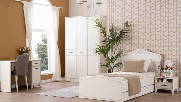 Perla young room set with a white three-door wardrobe, single bed and study desk in a compact bedroom