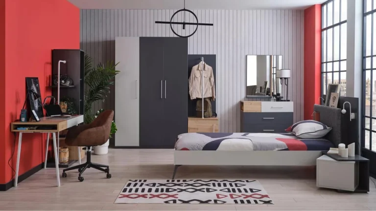 Harvey young room set with a light grey and charcoal wardrobe beside a study desk and bed