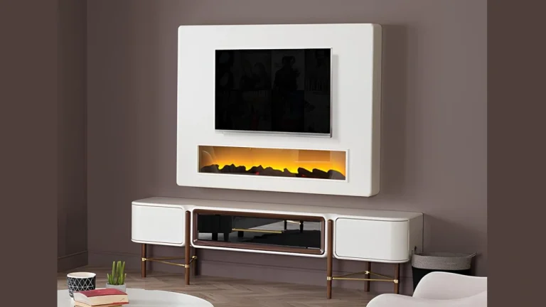 Nell-Rocca TV unit: white framed TV wall panel with a fireplace-effect insert under the screen and a low console with gold legs