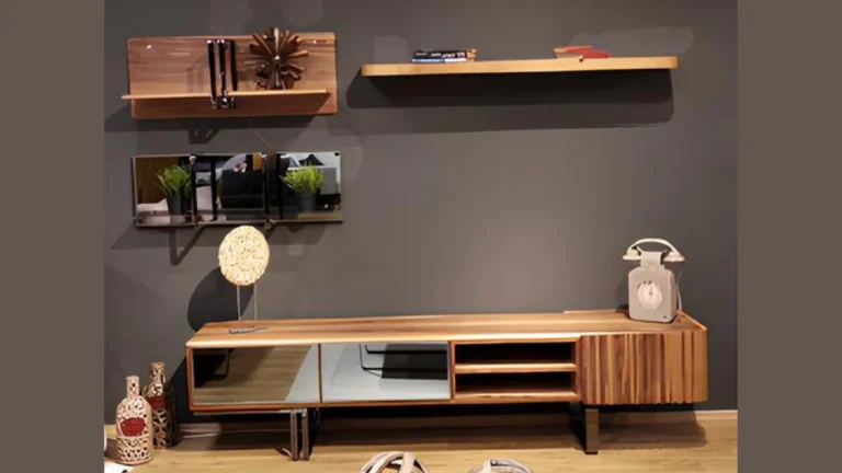 Palermo TV unit: walnut low console with open shelving and matching floating walnut wall shelves above