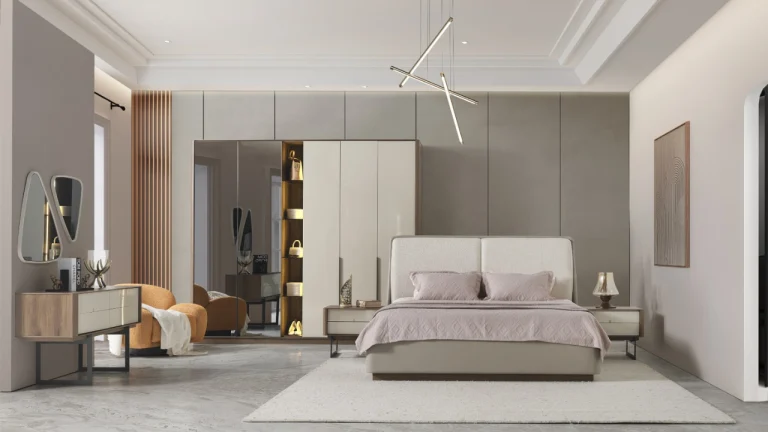 Atlantis bedroom set with a wide wardrobe combining a mirror door, lit open shelves and cream doors