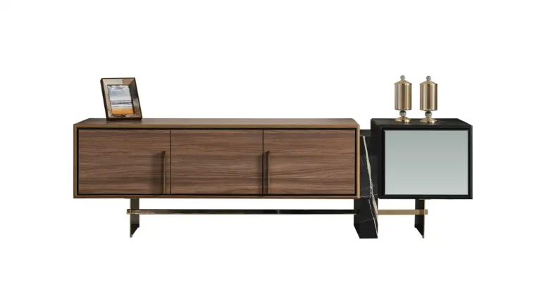 Bronze TV stand: walnut console on a slim metal base with a separate glass-fronted side cabinet