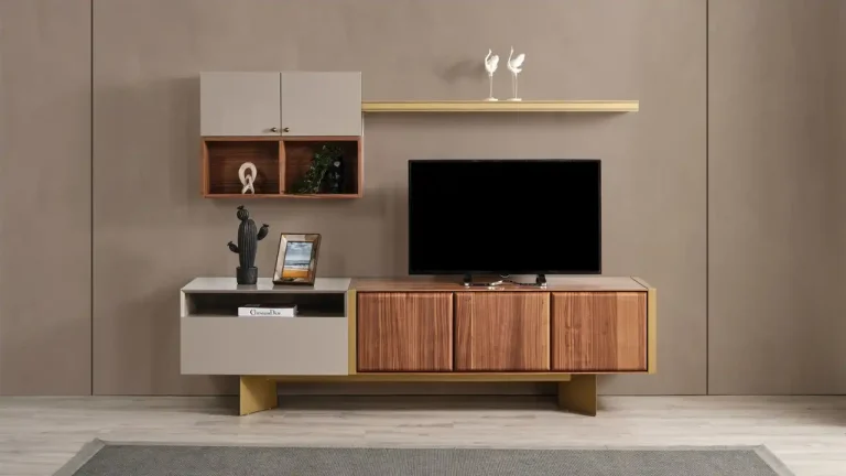 Golf TV stand: walnut and grey console with a wall-hung cabinet and long floating shelf above the TV