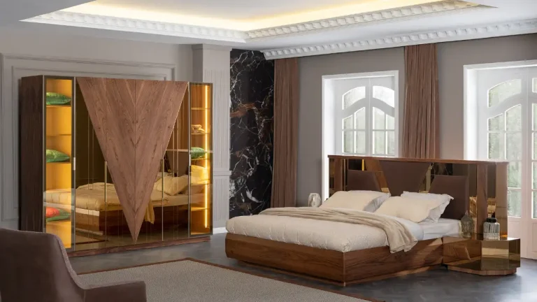 Vera bedroom set wardrobe with walnut-tone doors in a V-shaped grain pattern and lit glass side bays