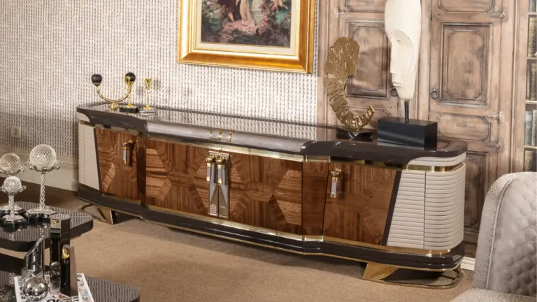 Monet TV stand: luxury console with book-matched wood veneer doors, cream fluted end panels and gold trims