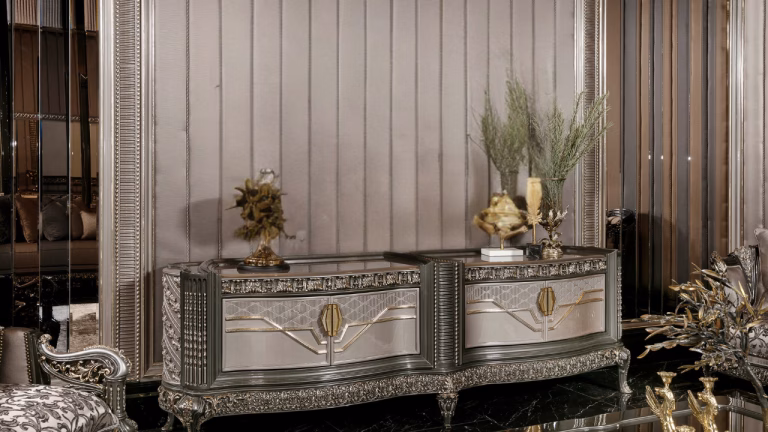 Harmony TV stand: classic silver-grey console with curved carved legs, ornate gold detailing and glass accents