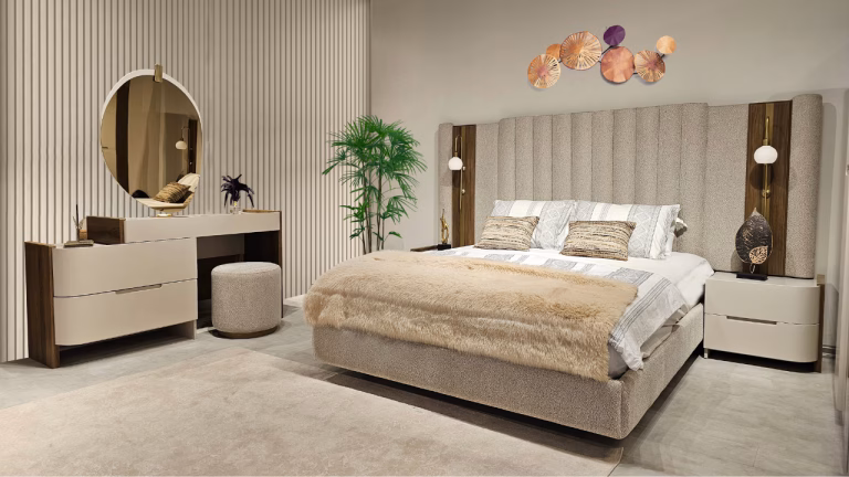 Types of Furniture: A Guide for Nigerian Homes (2026) 7 Urgup bedroom set with a tall channel-tufted upholstered headboard and dressing table