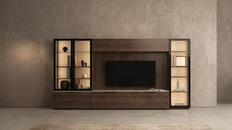 Armin TV unit: dark wood full-wall entertainment unit with a central TV panel and lit glass display cabinets on both sides