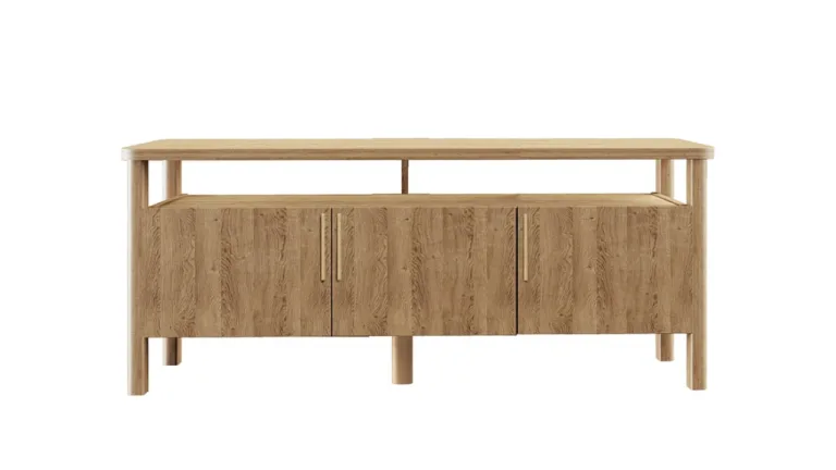 Lovisa TV stand: Scandinavian-inspired natural oak console with an open upper shelf, cabinet doors and solid wooden legs