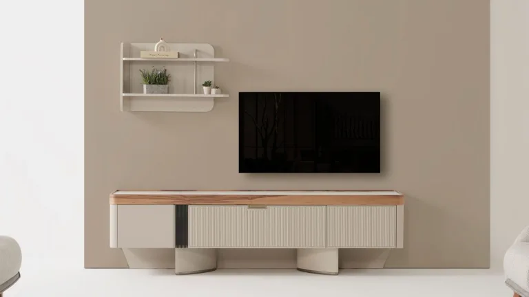 Estella TV stand: neutral fluted console with a wood top and a floating wall shelf beside the screen